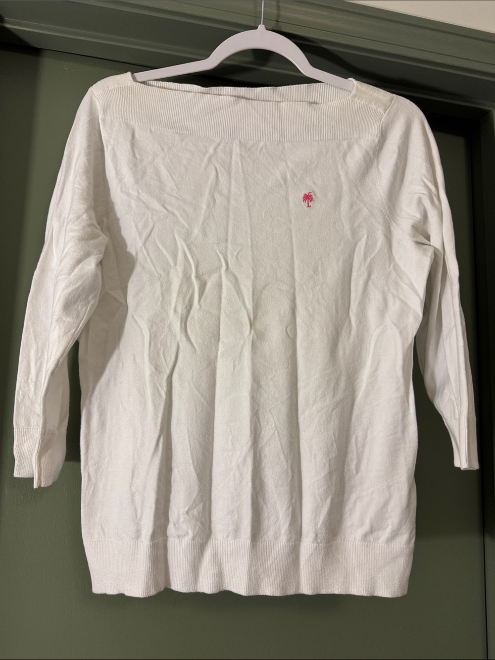 Lilly Pulitzer White Knit Sweater with Pink Palm Logo